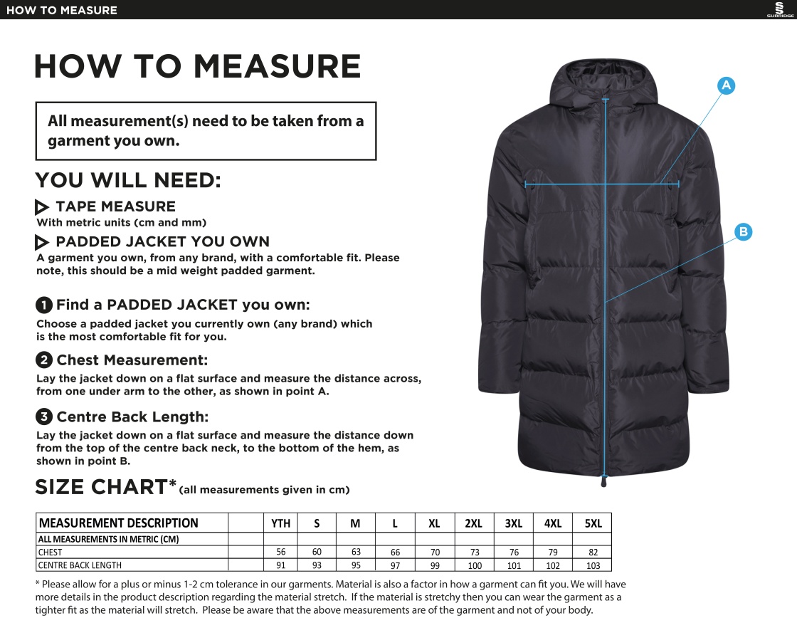 Full Length Sub Coat - Size Guide