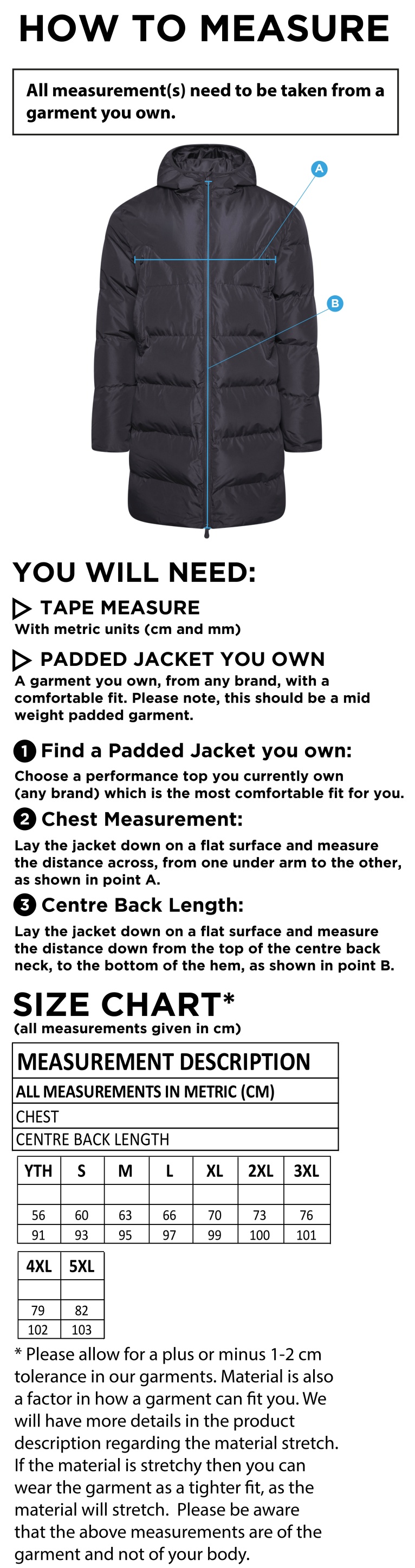 Full Length Sub Coat - Size Guide